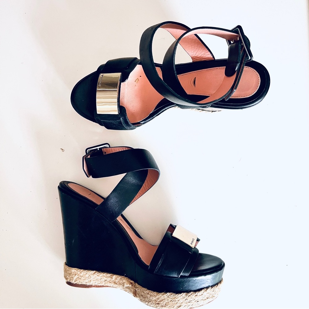 PINKO Black leather Wedge Sandals with Gold Accent Size 39